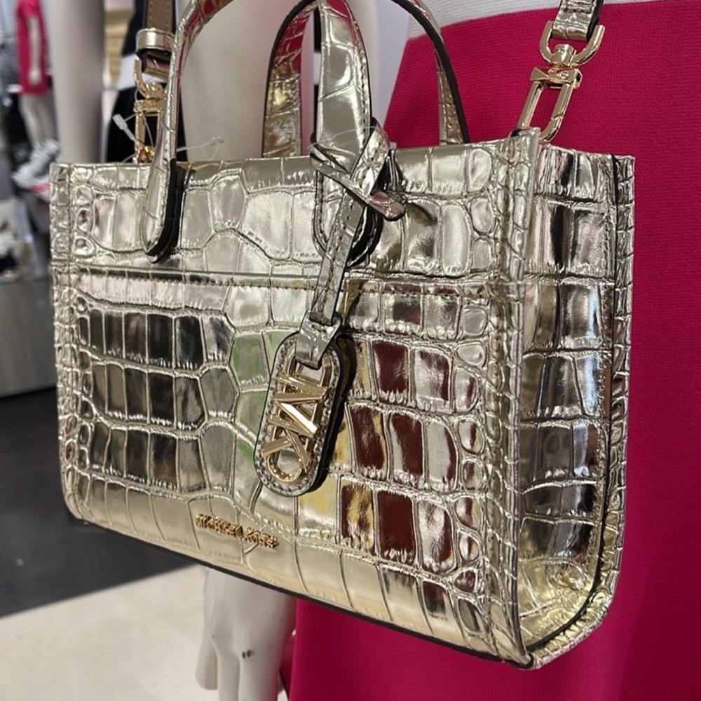 Michael Kors Gigi Small Metallic Crocodile Embossed Leather Messenger, Pale Gold - Picture 12 of 12